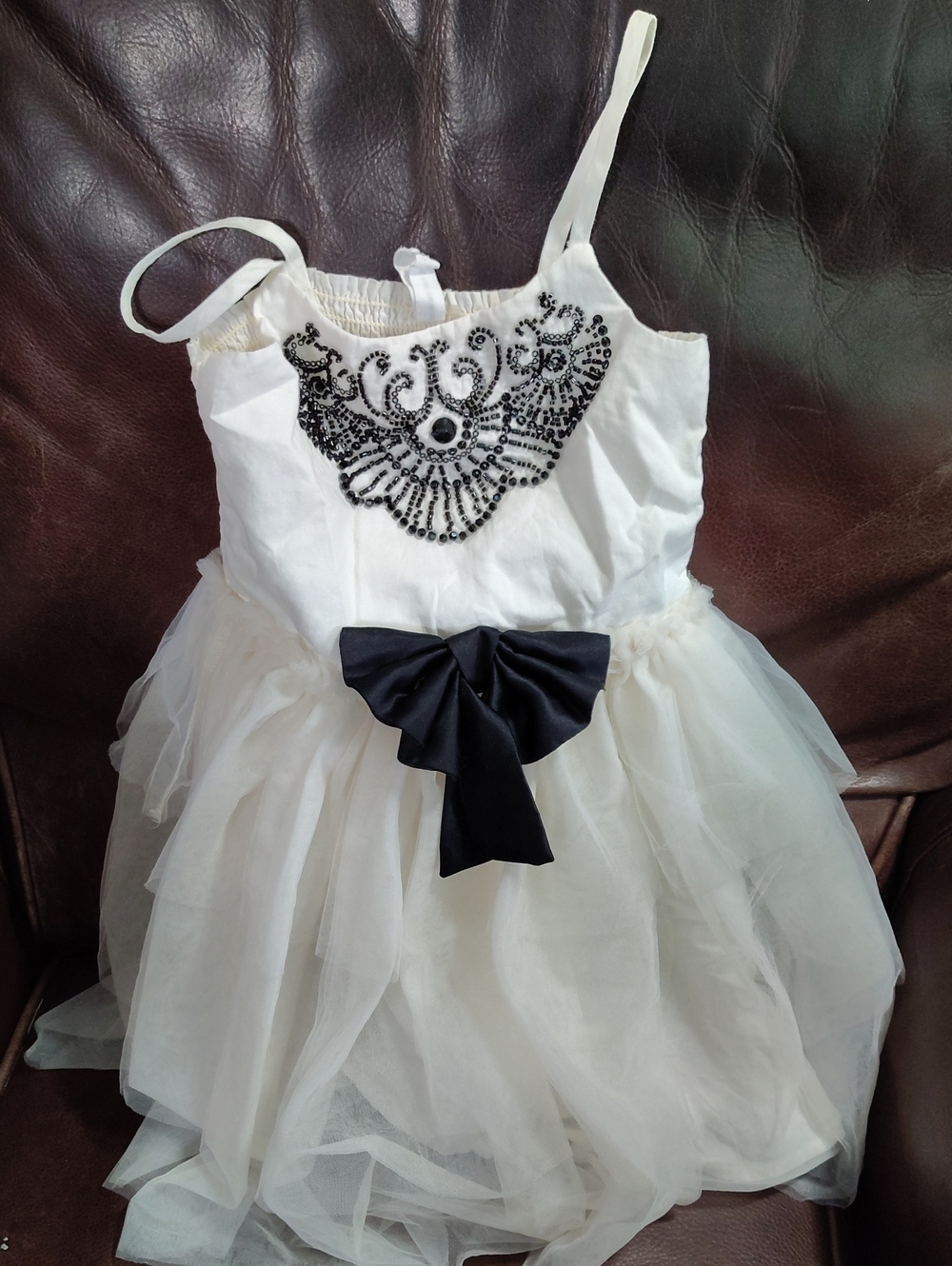 White Tulle Party Dress with Black Beaded Detail and Bow5t $65
